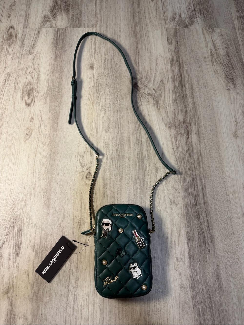 Karl Lagerfeld Quilted Dark Green Chain Strap Mini Crossbody Bag with Pins